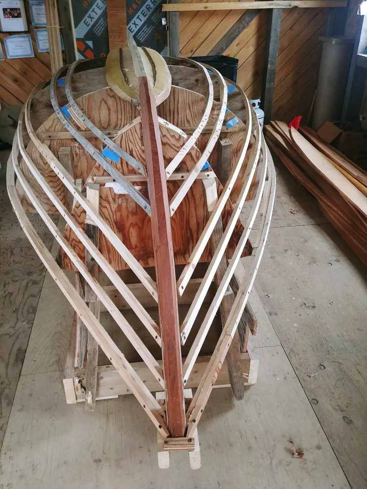 View down the stem of the Herreshoff dinghy showing the douglas fir strakes and bronze rivet pattern