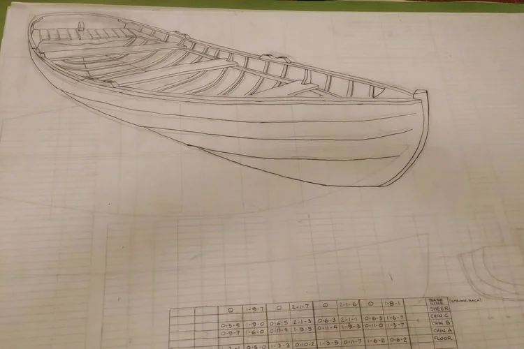 Hand-drawn lines drawing of the Mush-a-Mush skiff with offset table