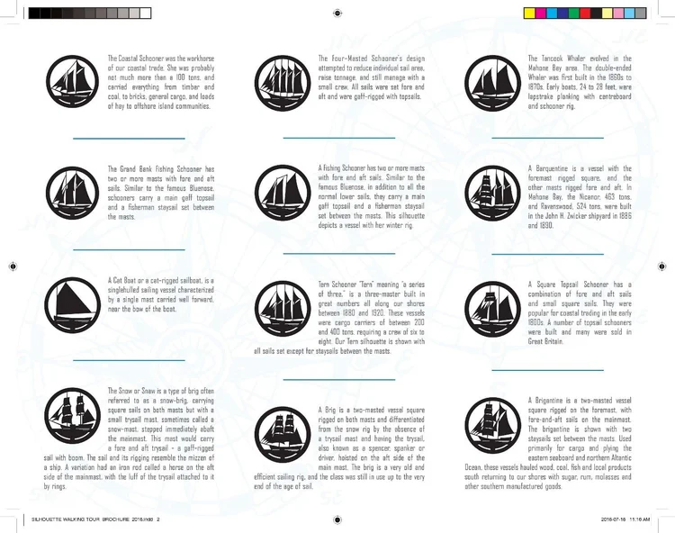 Inside spread of the Silhouette Signage Walking Tour brochure showing descriptions of the 16 ship rigs